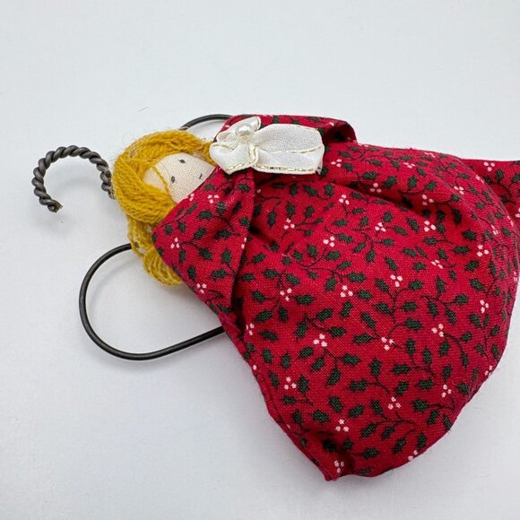 Fabric Holly Angel Christmas Tree Ornament Red Gown Handmade Folk Art Holiday - Picture 5 of 6